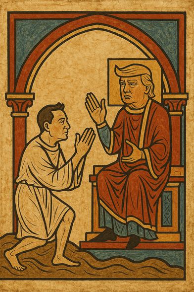 Elon Musk on the Walk to Canossa to President Trump – In the Style of a 900-Year-Old Monastery Painting Imagine a large, richly colored painting, reminiscent of the wall of an old medieval monastery. Its surface shows slight cracks and a warm, slightly yellowed hue, typical of a very old work of art. In the foreground of the image, a man – immediately recognizable as Elon Musk – walks barefoot on a narrow, stony path. He wears a simple, light robe, recalling the garments of medieval pilgrims. H…