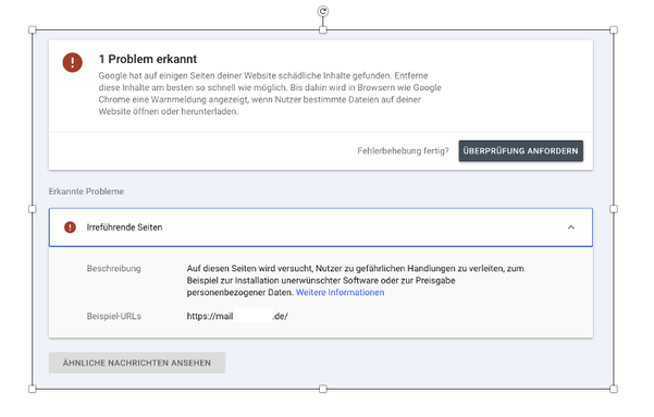 The image shows a Google Search Console alert about a website security issue. It reports that harmful or misleading content was found on the site, which could trick users into unsafe actions, such as installing unwanted software or revealing personal data. The interface offers a button to request a review after fixing the problem.