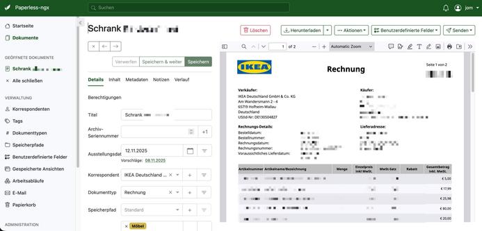 The image shows a computer screen with a web application called Paperless-ngx open in a browser.
On the left side there is a vertical navigation bar with items such as Home, Documents, Correspondents, Tags, Document Types, Storage Paths and other administrative options.
The center of the screen shows the details of a document, including fields like Title, Archive Serial Number, Issue Date, Correspondent, Document Type, Storage Path and Tags.
On the right side of the screen there is a previe…