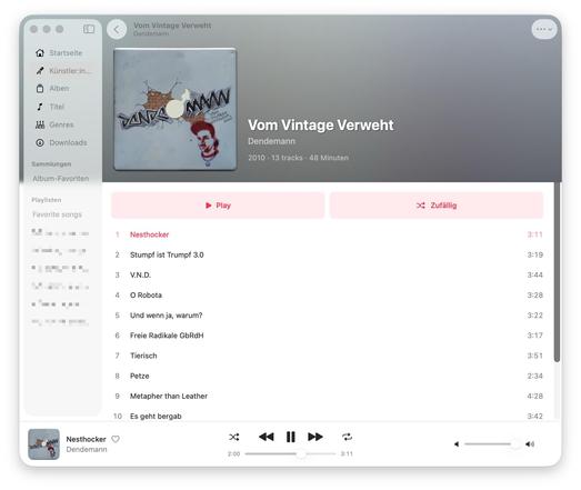 The image shows the user interface of the manet music player on a mac. The focus is on an album titled "Vom Vintage Verweht" by the artist Dendemann. The album was released in 2010 and contains 13 tracks with a total length of 48 minutes.

In the top left, you can see the album cover: a gray background with a broken wall from which bricks are emerging. Above it is a stylized, graffiti-like script. In the bottom right of the cover, there is an illustrated male figure with a red cap, drawn in a c…