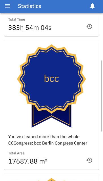 The image shows a statistics screen from valetudo application. At the top, it displays "Total Time" with a reading of "383h 54m 04s." Below, there's a badge with the letters "bcc" in the center, surrounded by a blue and orange border. The text beneath the badge reads, "You've cleaned more than the whole CC Congress: bcc Berlin Congress Center." At the bottom, it shows "Total Area" with a measurement of "17687.88 m²."