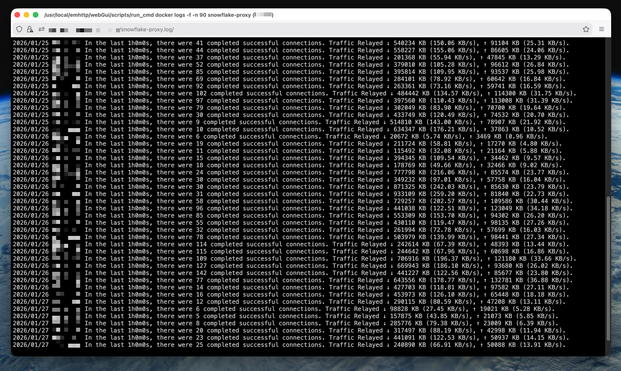 
A terminal showing connection statistics and traffic for the Snowflake proxy. The numbers range from 60-140 connections per hour and always several thousand MB.
